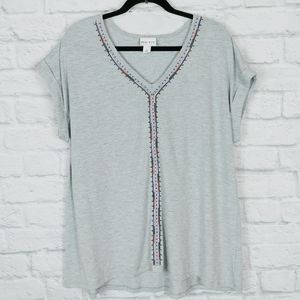 Ava & Viv Boho Embroidered Heather Grey Knit Top